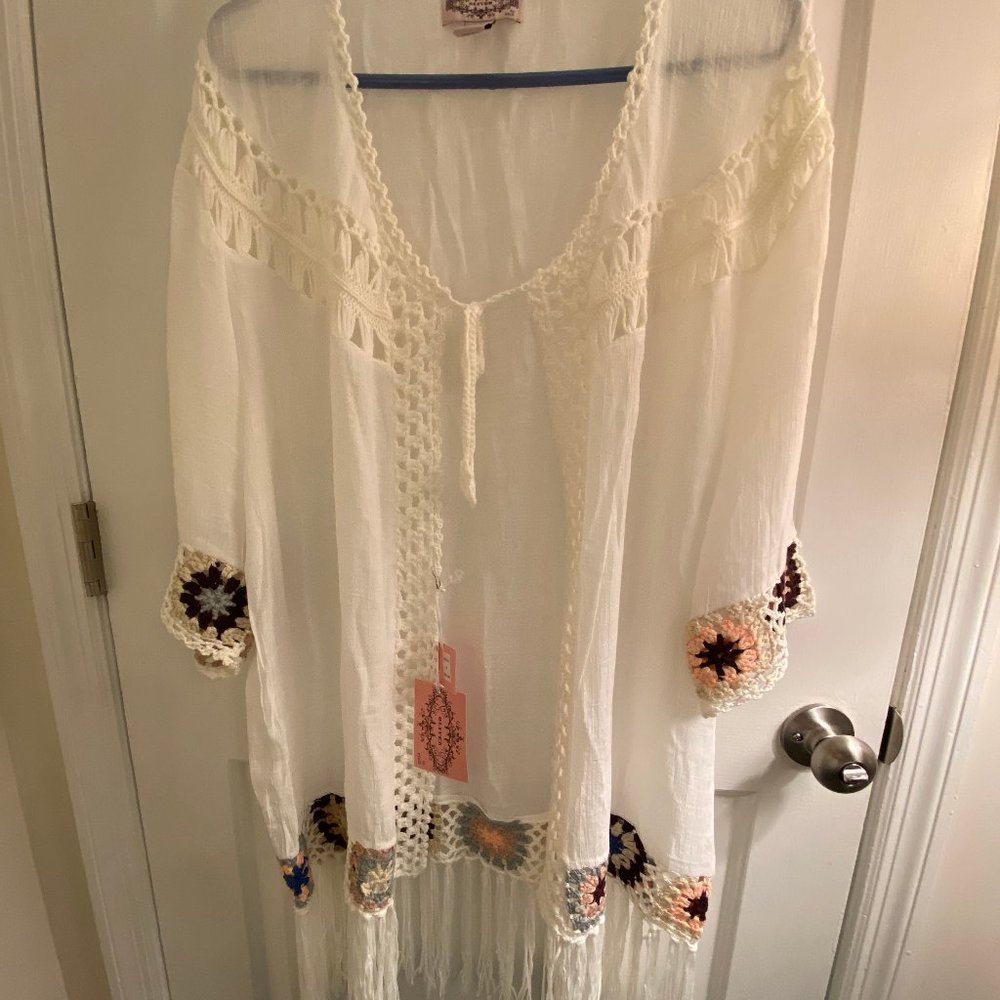 Anthropologie Oliver Cotton Tunic Beach Cover Up with Crochet Fringe